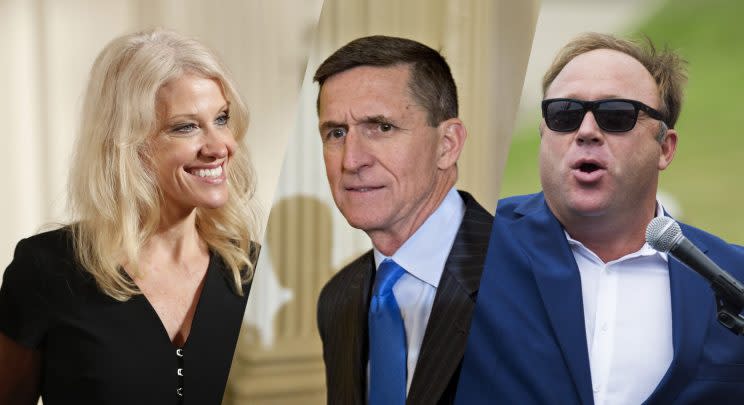 Kellyanne Conway, Michael Flynn, and Alex Jones