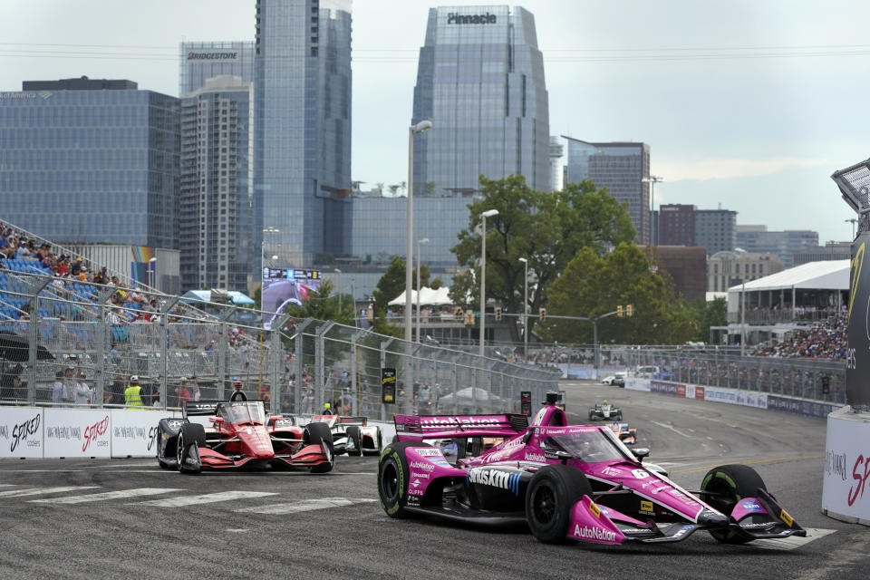 Simon Pagenaud (60 competes during the Music City Grand Prix auto race Sunday, Aug. 7, 2022, in Nashville, Tenn. (AP Photo/Mark Humphrey)