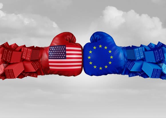 Boxing gloves representing the U.S. and EU clashing