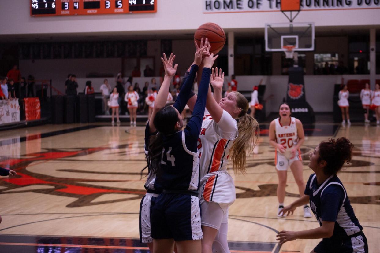 Artesia's Jenna Whitmire battles with the Silver High Fighting Colts during the opening round of the girls' 4A state tournament on March 9, 2024 in Artesia.
