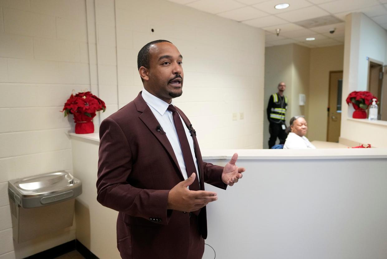 City of Austin Homeless Strategy Officer David Gray gives a tour of the Eighth Street Shelter in 2023. The city in December reopened the shelter, which was formerly operated by the Salvation Army.