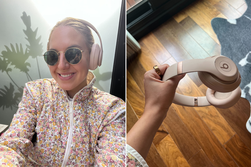 woman taking a selfie wearing floral jacket and Beats Studio Pro x Kim Kardashian headphones in the colour 