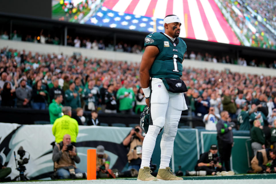 PHILADELPHIA, PENNSYLVANIA – NOVEMBER 05: Jalen Hurts #1 of the Philadelphia Eagles stands during the national anthem prior to the game against the Dallas Cowboys at Lincoln Financial Field on November 05, 2023 in Philadelphia, Pennsylvania. (Photo by Mitchell Leff/Getty Images)