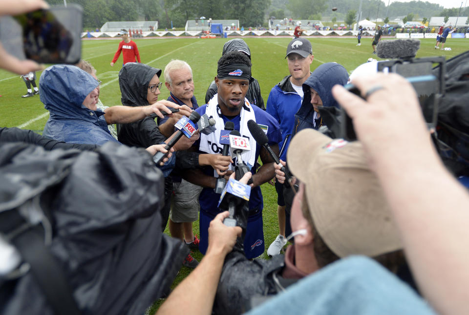 FILE - In this Aug. 7, 2018, file photo, Buffalo Bills wide receiver Corey Coleman talks to the media after his first practice at the NFL football team's training camp in Pittsford, N.Y. Bills newly acquired receiver Corey Coleman can't escape the reminders of Cleveland no matter how hard he's tried to put his two seasons with the Browns in the past. (AP Photo/Adrian Kraus, File)