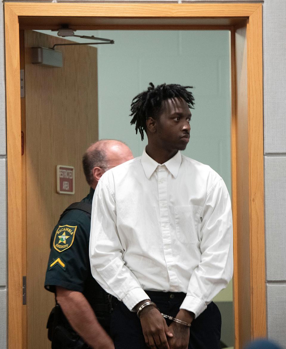 Da'quavion Snowden arrives in court for a trial on Thursday, July 18, 2023. Snowden is on trial for the first-degree premeditated murder of Ladarius Clardy on July 1, 2021.