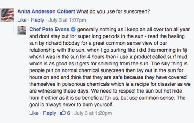 Pete Evans has come under fire after posting his views on sunscreen on Facebook. Image: Facebook/Chef Pete Evans