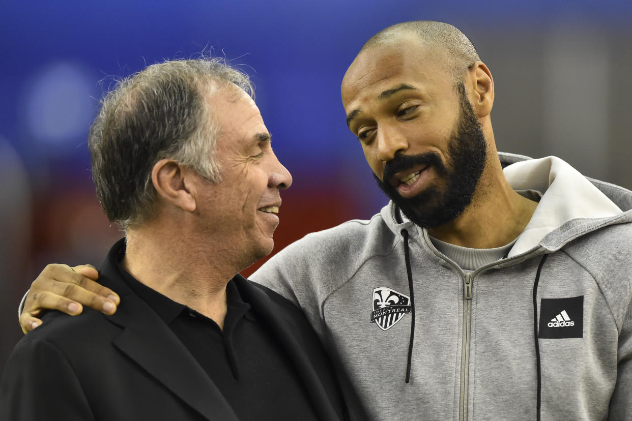 New England Revolution coach Bruce Arena (left) renewed acquaintances with Montreal Impact manager Thierry Henry during the opening weekend of the MLS season. (Minas Panagiotakis/Getty)