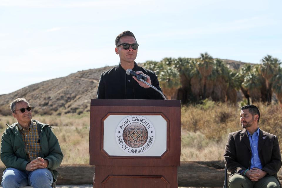 Agua Caliente tribal chairman Reid Milanovich speaks during the Múmawet Hill dedication at the Thousand Palm Oasis Preserve in Thousand Palms, Calif., Feb. 16, 2023.
