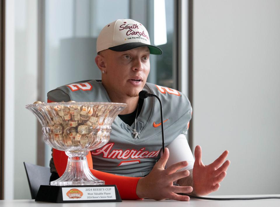 Former Oklahoma/South Carolina QB and game Most Valuable Player Spencer Rattler (2) answers questions during the Reese's Senior Bowl post game press conference in Mobile, Alabama on Saturday, Feb. 3, 2024.