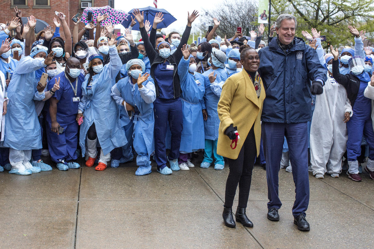 Mayor Bill de Blasio and his wife, Chirlane McCray, outside Kings County Hospital in Brooklyn