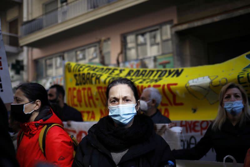 Greek hospital doctors and staff take part in a demonstration against a lack of intensive care units at public hospitals, in Athens