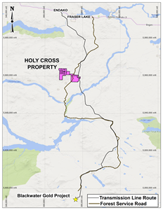 Regional Location of Holy Cross in Relation to Communities, Roads, Powerlines and the Blackwater Gold Project