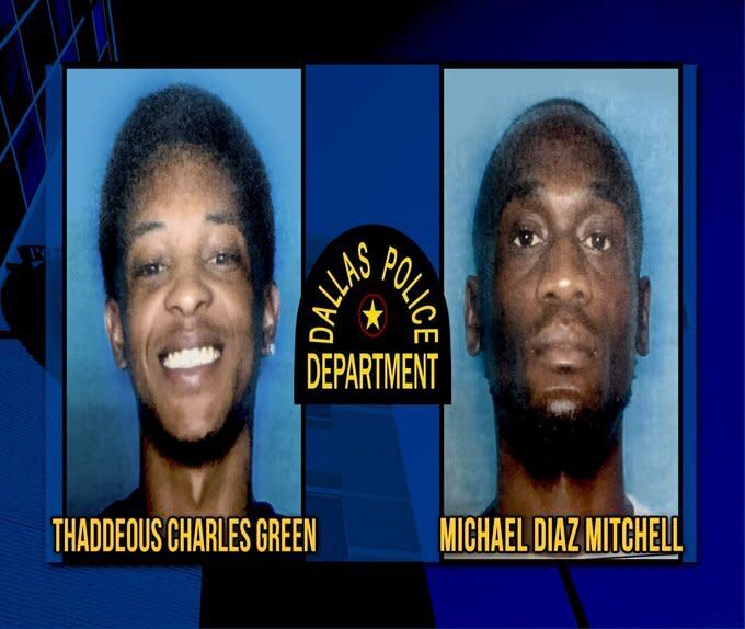 Thaddeous Green, 22, and Michael Mitchell, 32, had been wanted by police in Joshua Brown's shooting death on Tuesday afternoon. A third suspect,&nbsp;Jacquerious Mitchell, had already been taken in custody. (Photo: Dallas PD)