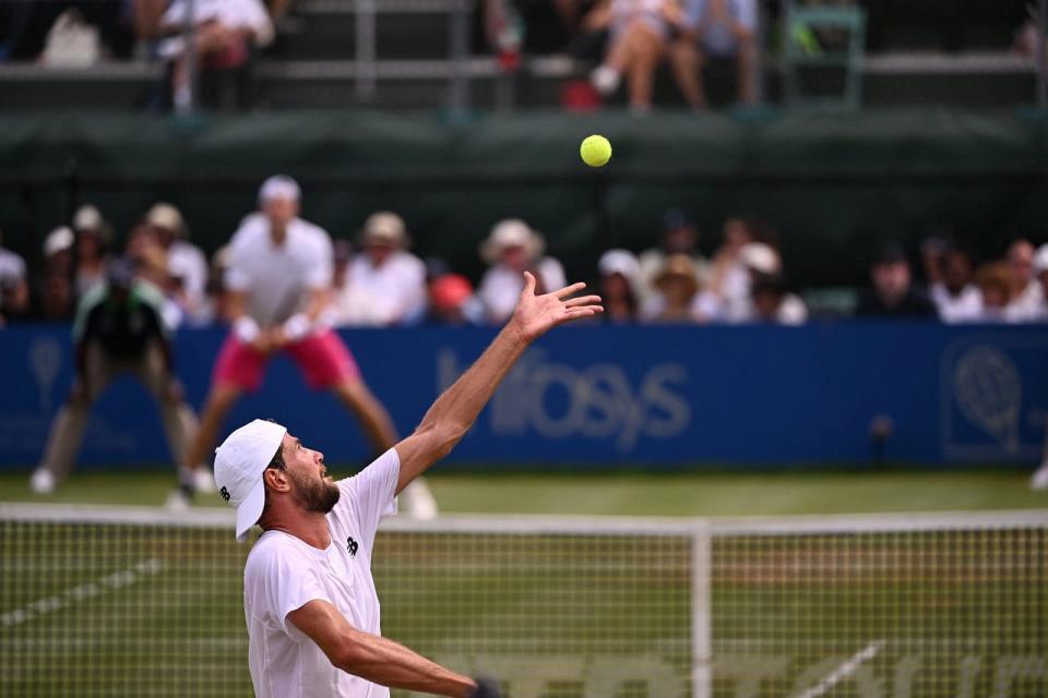 Maxime Cressy in action against John Isner during the Infosys Hall of Fame Open at Center Court on Saturday  in Newport.