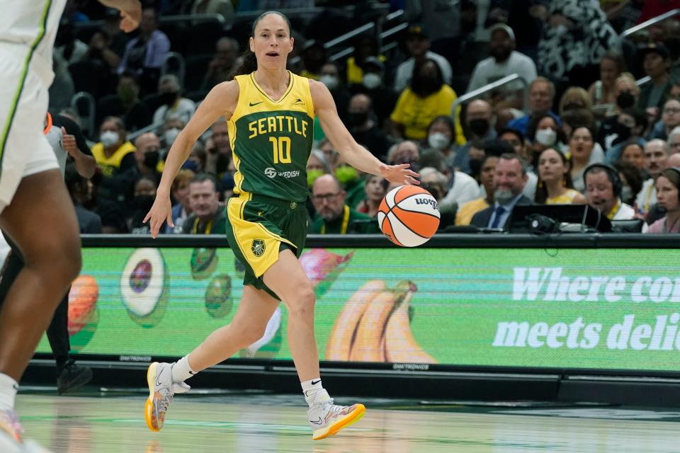 Seattle Storm guard Sue Bird brings the ball up against the Minnesota Lynx during the first half of a WNBA basketball game Wednesday, Aug. 3, 2022, in Seattle. (AP Photo/Ted S. Warren)