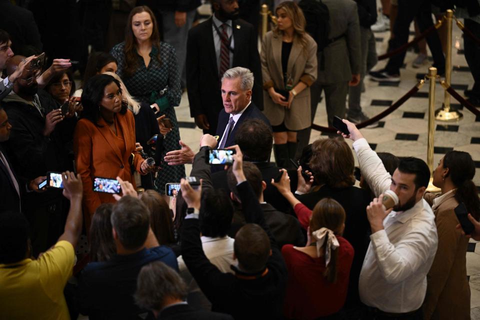 US Speaker of the House Kevin McCarthy (R-CA) speaks with reporters at the US Capitol in Washington, DC, on September 26, 2023. Millions of Americans braced on September 25, 2023, for pay and welfare checks to stop within days as Congress careened toward a damaging government shutdown, with Republican right wingers blocking attempts to pass a budget. Four months after barely avoiding the more serious prospect of a credit default, the world's largest economy is once again on the verge of a convulsion, with the lights due to go out at the weekend. (Photo by Brendan SMIALOWSKI / AFP) (Photo by BRENDAN SMIALOWSKI/AFP via Getty Images)