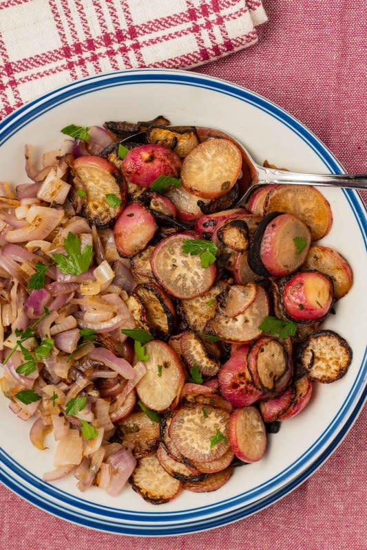 <p>Debs Daily Dish</p><p>These healthy little radishes take on a life of their own when sautéed with onions in a flavorful basil butter until lightly crisp. You will love this easy, low-carb side dish.</p><p><strong>Get the recipe: </strong><a href="https://debsdailydish.com/sauteed-radishes-with-basil-butter/" rel="nofollow noopener" target="_blank" data-ylk="slk:Sauteed Radishes with Basil Butter;elm:context_link;itc:0;sec:content-canvas" class="link "><strong>Sauteed Radishes with Basil Butter</strong></a></p>