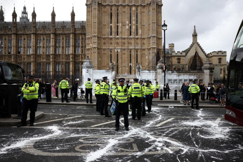 7 September 2022: Police officers stand guard after Animal Rebellion activists threw paint on the walls and road outside the Houses of Parliament in protest, in London, Britain (Reuters)