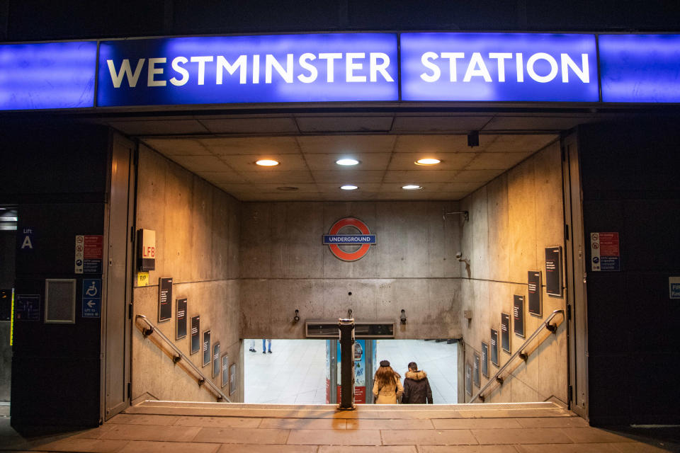 Westminster station in London, an underground tube station in the City of Westminster, London,  UK serving the Circle, District and Jubilee lines. It was first opened in 1868 and is a deep level down station with platforms having edge doors. (Photo by Nicolas Economou/NurPhoto via Getty Images)
