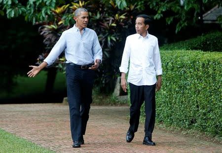 Former U.S. President Barack Obama (L) walks with Indonesian President Joko Widodo during their meeting at the Botanical Garden near the presidential palace in Bogor, Indonesia June 30, 2017. REUTERS/Adi Weda/Pool