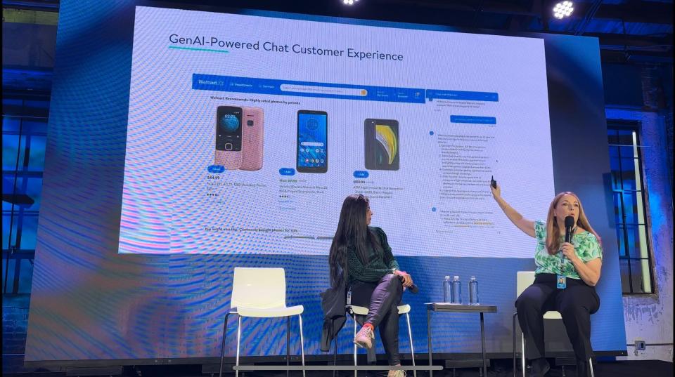 Walmart Executives Anshu Bhardwaj, Walmart's VP, Technology Strategy & Commercialization (left) and Cheryl Ainoa, New Businesses and Emerging Tech EVP (right) break down how the company is using AI on the Walmart website. (Photo taken by Brooke DiPalma/Yahoo Finance)