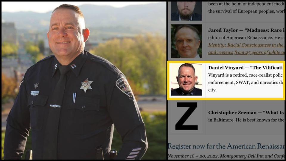 Retired Boise Police Capt. Matt Bryngelson, shown in a department photo on the left, was scheduled to speak at the American Renaissance Conference under the pseudonym Daniel Vinyard. American Renaissance is an online site that espouses white supremacist ideals.