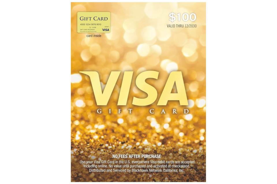 A gold Visa gift card for $100.