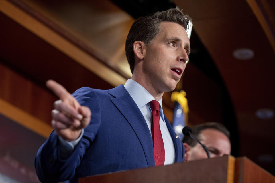 FILE - In this Aug. 4, 2021, file photo Sen. Josh Hawley, R-Mo., alongside other Senate Republicans, speaks to members of the media on Capitol Hill in Washington, about funding for the Infrastructure Investment and Jobs Act. About 36% of President Joe Biden's nominees have been confirmed by the Senate so far in the evenly divided Senate, a deterioration from the paltry 38% success rate that former President Donald Trump saw at the same stage of his presidency. Hawley said he will not consent to the nomination of any Defense and State Department nominees until the secretaries of those departments resign for the U.S.’s troubled withdrawal from Afghanistan. (AP Photo/Amanda Andrade-Rhoades, File)