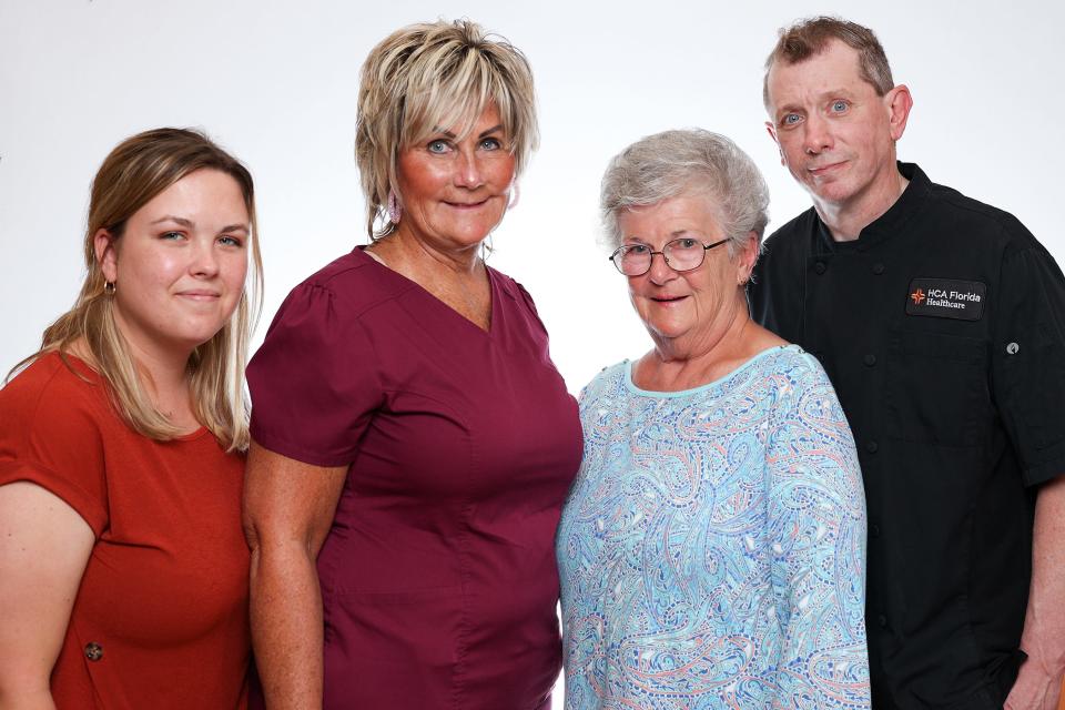 HCA Florida Englewood Hospital caregivers who received 2023 Dr. Joseph Anders Annual Awards were Melody Ramirez, left, Jackie Stewart, Cathy Pavan and Michael Matthews. Not pictured: Sean White and Dr. Steven Strbich.