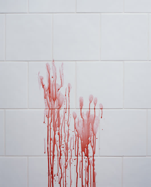 Bloody handprints on a wall