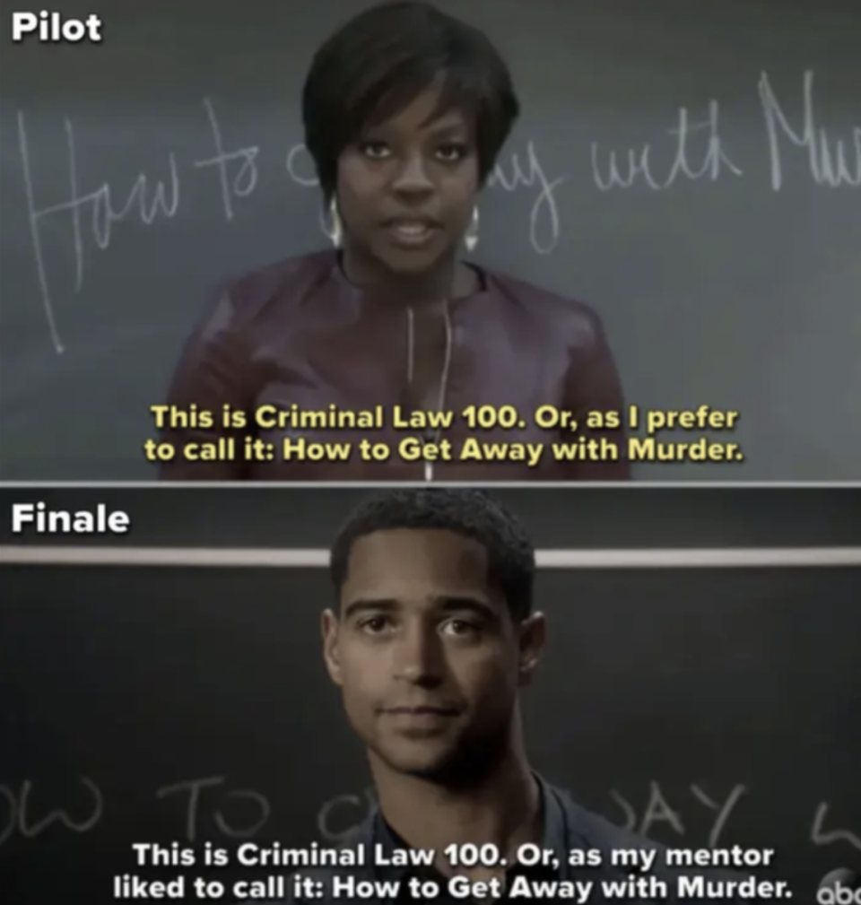 Side-by-side of the pilot episode where Annalise introduces herself to the class vs. Christopher introducing himself to the class