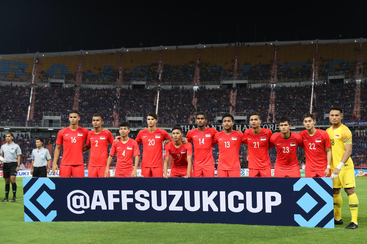 Singapore national footballers at the 2018 AFF Suzuki Cup. 