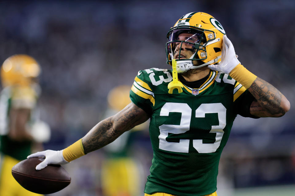 ARLINGTON, TEXAS - JANUARY 14: Jaire Alexander #23 of the Green Bay Packers reacts to an interception during the first quarter against the Dallas Cowboys in the NFC Wild Card Playoff game at AT&T Stadium on January 14, 2024 in Arlington, Texas. (Photo by Ron Jenkins/Getty Images)