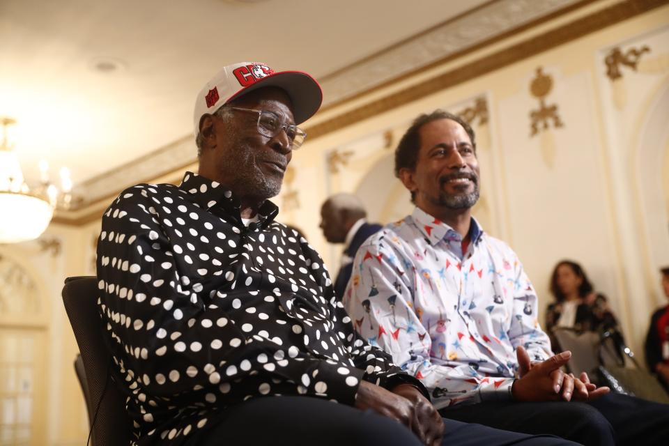 Actor John Amos, left, attends a press conference on Friday, May 12, 2023, at The Peabody hotel where it was announced he'll star in “Hillbilly Bible," a faith-based movie to film in Memphis and Clarksdale, Miss. He sits next to his son, K.C. Amos.