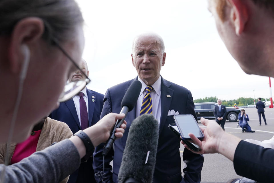 President Joe Biden speaks to the media before boarding Air Force One in Vilnius, Lithuania, Wednesday, July 12, 2023. Biden was attending the NATO Summit and is heading to Helsinki, Finland. (AP Photo/Susan Walsh)