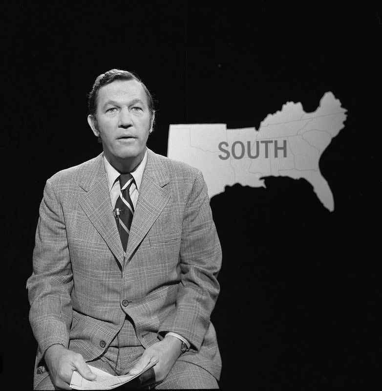 CBS correspondent Roger Mudd poses in advance of Election Night '74