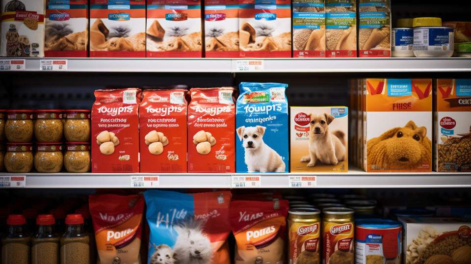 A close-up shot of a store shelf stocked with pet food and supplies.
