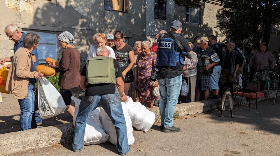People living near the front lines getting food delivered by the military and volunteers. Near Bakhmut Ukraine September 3, 2023.
