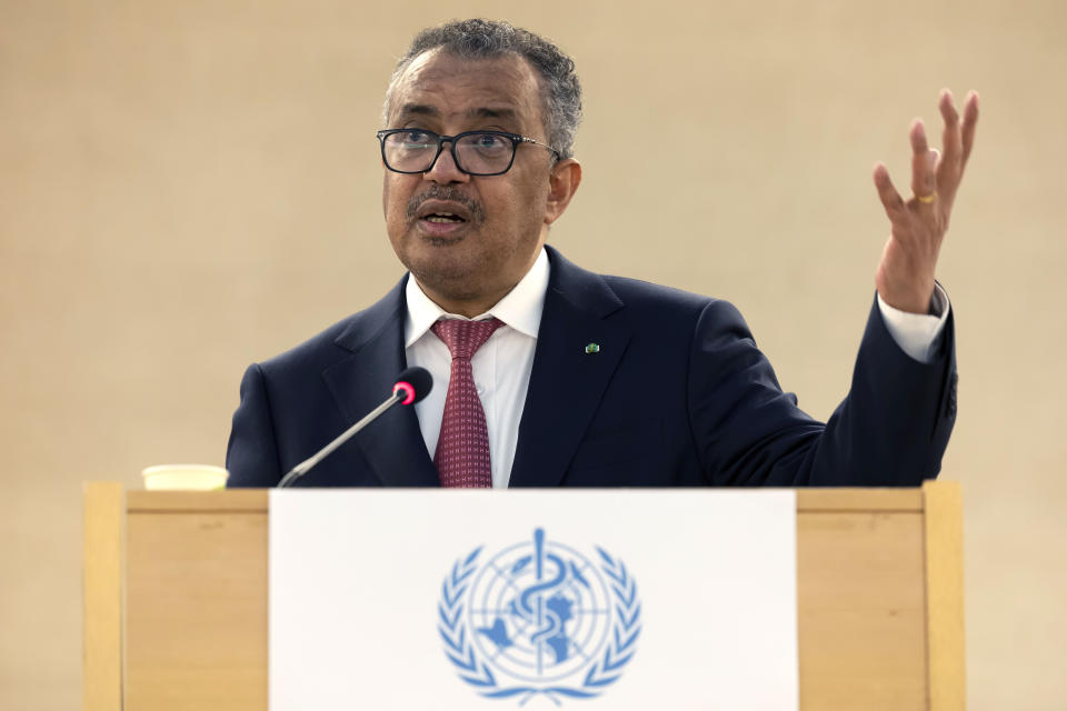 FILE - Tedros Adhanom Ghebreyesus, Director General of the World Health Organization (WHO) delivers his speech after his reelection, during the 75th World Health Assembly at the European headquarters of the United Nations in Geneva, Switzerland, on May 24, 2022. The World Health Organization chief is advising men at risk of catching monkeypox to consider reducing their sexual partners “for the moment,” days after the U.N. health agency declared the escalating outbreak to be a global emergency. At a press briefing on Wednesday, WHO Director-General Tedros Adhanom Ghebreyesus said 98 percent of monkeypox cases detected so far have been among men who are gay, bisexual or have sex with other men. (Salvatore Di Nolfi/Keystone via AP, File)