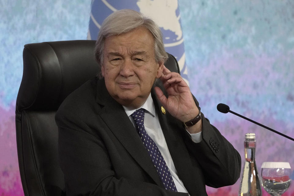 CORRECTS DATE - U.N. Secretary-General Antonio Guterres listens to a reporter's question during a press conference on the sidelines of the Association of Southeast Asian Nations (ASEAN) Summit in Jakarta, Indonesia, Thursday, Sept. 7, 2023. (AP Photo/Dita Alangkara)