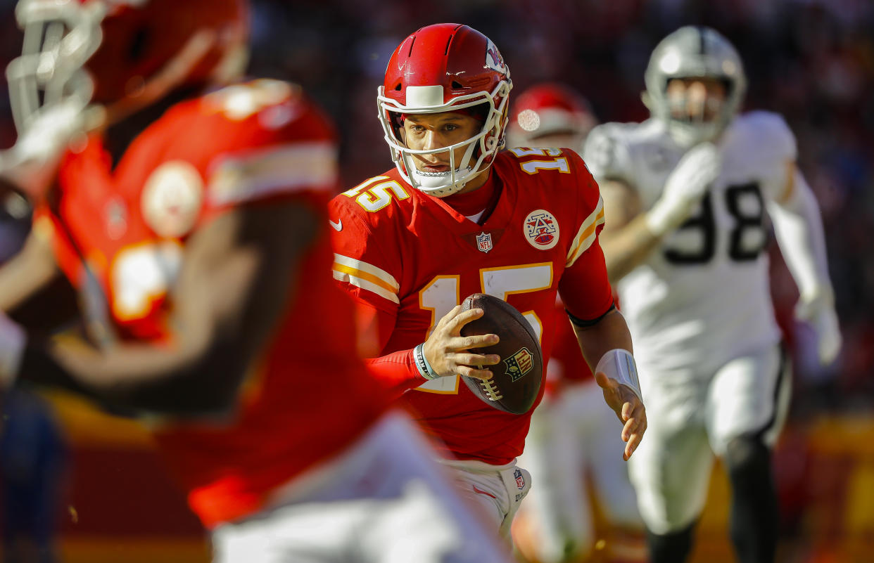 Patrick Mahomes and the Chiefs face off against the Raiders on Monday night. (Photo by David Eulitt/Getty Images)