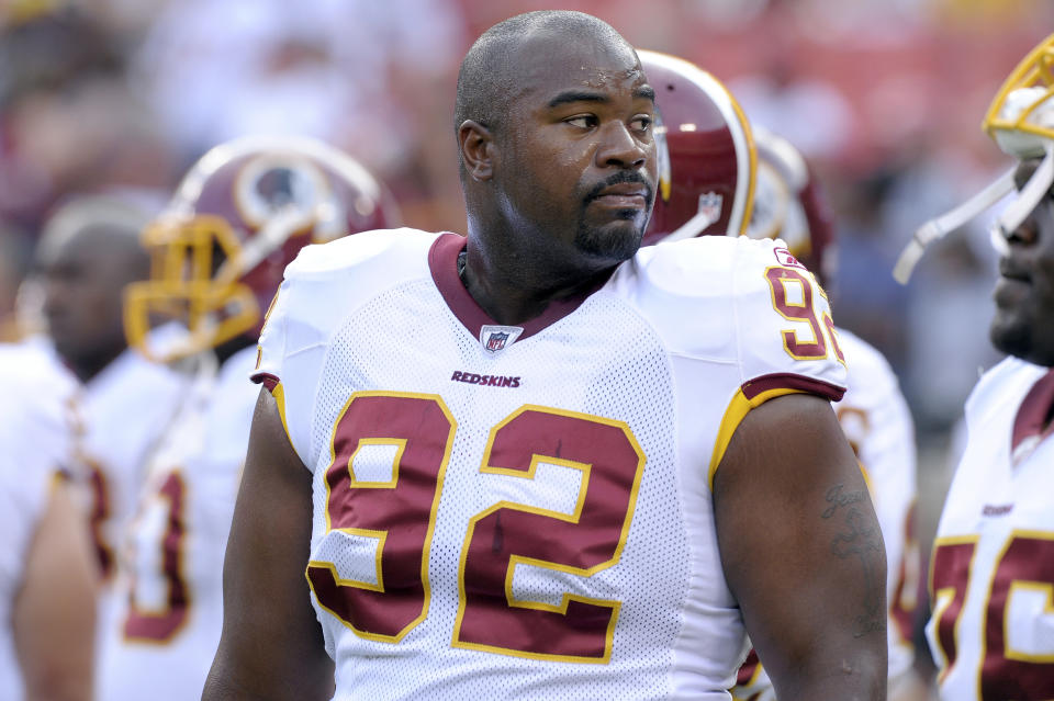 FILE - This Aug. 21, 2010, file photo shows Washington Redskins defensive lineman Albert Haynesworth before an NFL preseason football game against Baltimore Ravens,  in Landover, Md. Haynesworth spoke Wednesday, Nov. 17, 2010,  about his first game in Nashville since he left the Titans after seven seasons. He signed with a big-money deal last year with the Washington Redskins, who visit Tennessee on Sunday. (AP Photo/Susan Walsh, File)