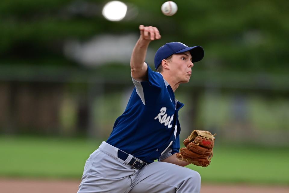 Rootstown starting pitcher Nathan Galambos delivers in the third inning of their Division III District semifinal game against Cardinal Mooney held Monday night at Cene Parking in Struthers. (David Dermer/Special to the Record Courier)