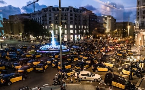 Taxis brought Barcelona city centre to a halt during the strike - Credit: Getty