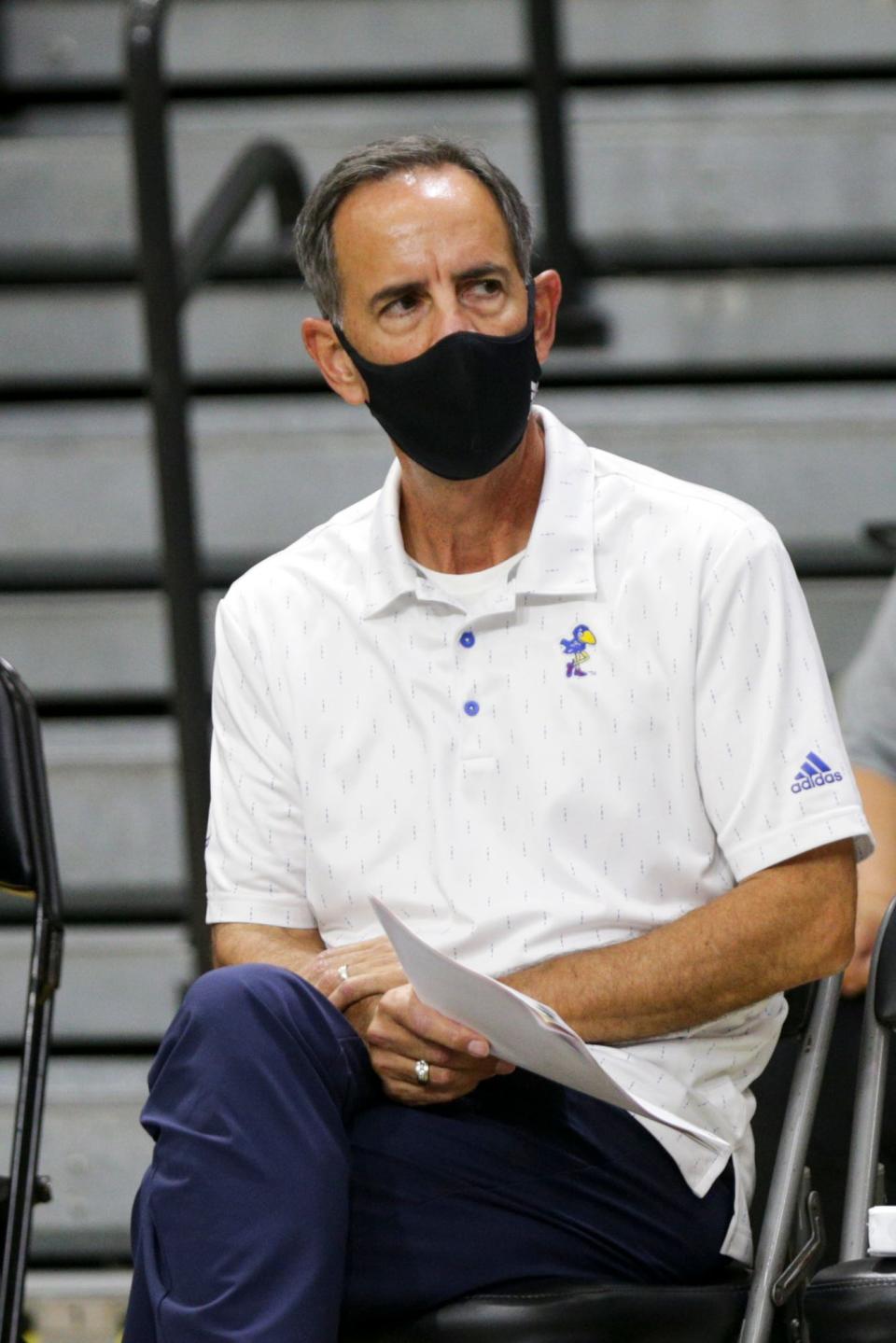 Kansas volleyball coach Ray Bechard looks on during the second set of a match in 2021 at Holloway Gymnasium in West Lafayette, Indiana.