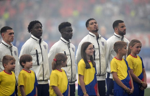 England’s Phil Foden, Kobbie Mainoo, Bukayo Saka, Jude Bellingham and Kyle Walker, left to right