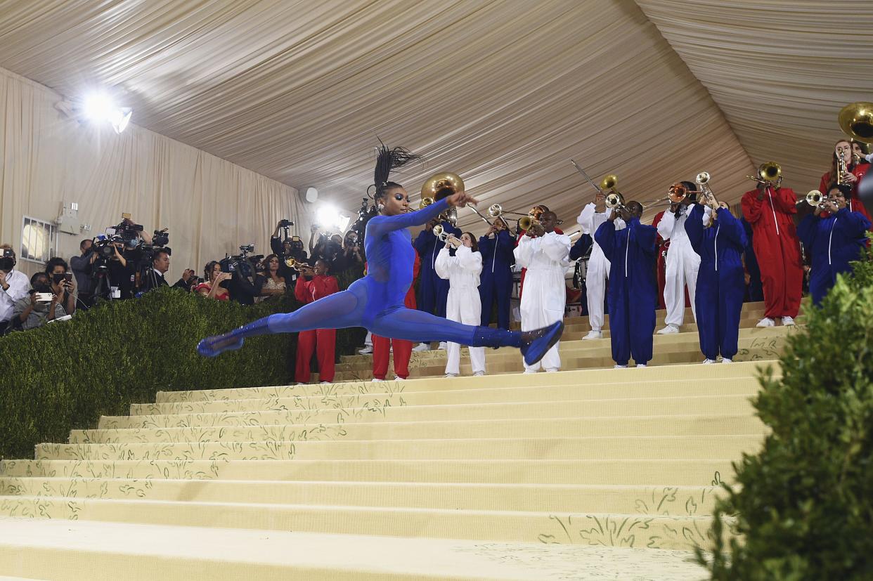 Members of The Brooklyn United Marching Band perform at The Metropolitan Museum of Art's Costume Institute benefit gala celebrating the opening of the "In America: A Lexicon of Fashion" exhibition on Monday, Sept. 13, 2021, in New York.