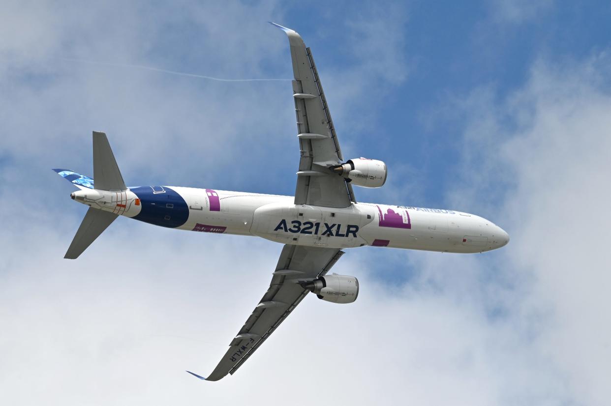 An Airbus A321 253 XLR Neo performs a demonstration flight during the Farnborough International Airshow 2024 at Farnborough International Exhibition and Conference Centre on July 22, 2024, in Farnborough, England.