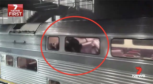 The train continued to Sydney with the seats piled up. Picture: 7 News