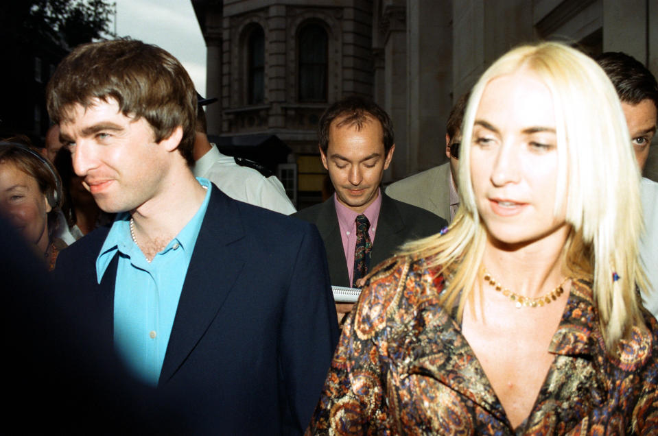 Noel Gallagher and his girlfriend Meg Matthews at 10 Downing Street for a party held by Prime Minister Tony Blair. Many celebrities also attended, 30th July 1997. (Photo by John Ferguson/Ian Vogler/Mirrorpix/Getty Images)